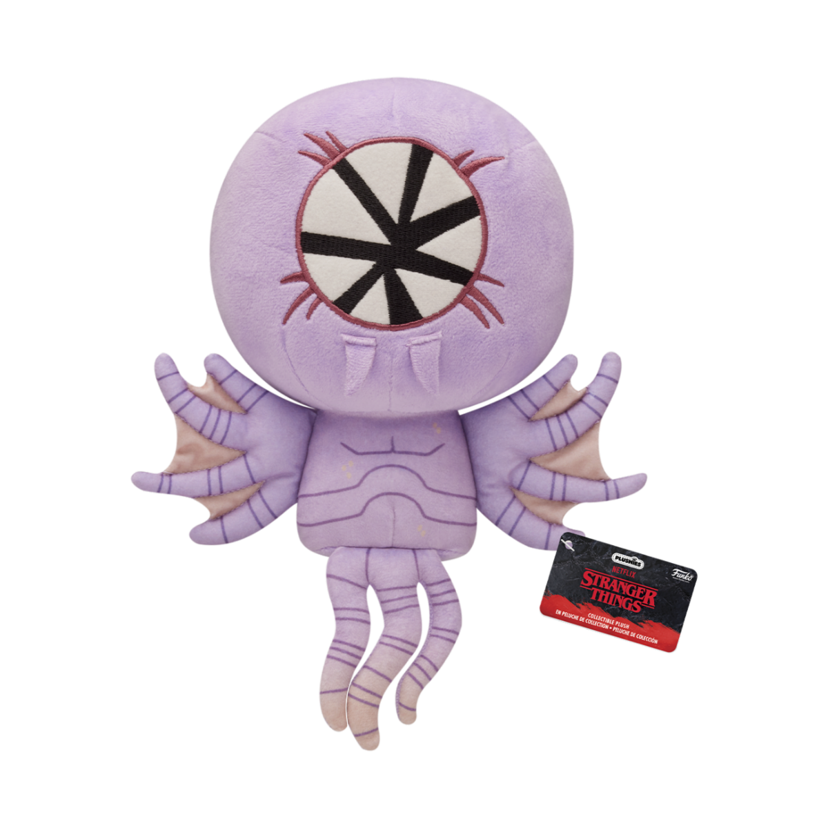 Peluche Stranger Things S4 – Demo-Bat – Funko Plush – 18 cm – Officielle. Demo-Bat violette avec grand œil circulaire et ailes détaillées. Une peluche Funko mignonne et terrifiante pour les fans de Stranger Things.