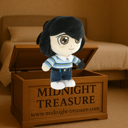 Peluche Mike Stranger Things 28 cm sous licence officielle, représentant le personnage avec sa tenue rétro et son talkie-walkie.