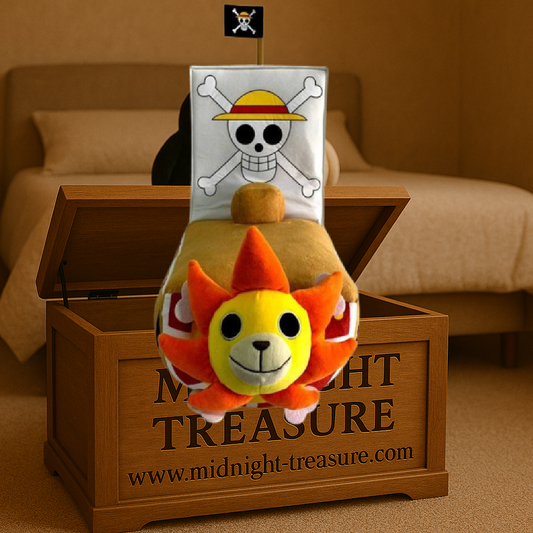 Peluche Thousand Sunny One Piece 25 cm avec tête de lion et drapeau pirate, version douce du célèbre navire de Luffy.