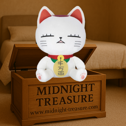 Peluche Turbo Granny 32 cm de Dandadan représentant le célèbre yokai sous sa forme de chat porte-bonheur blanc avec collier rouge et plaque dorée, sous licence officielle.