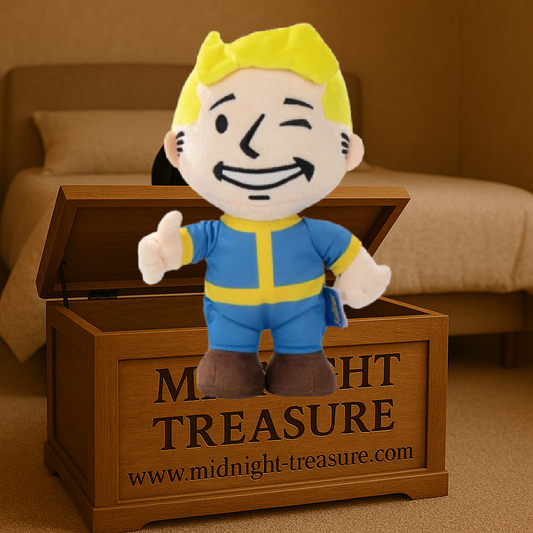 Peluche Vault Boy Fallout 25 cm avec costume bleu et jaune Vault-Tec et pouce levé iconique, produit officiel gaming.