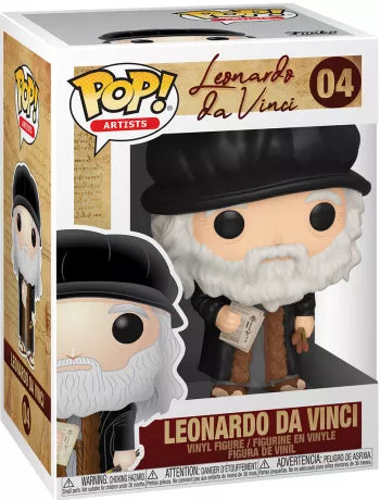 Funko Pop! Artists – Leonardo da Vinci (N°04). Figurine du maître de la Renaissance tenant un croquis et un pinceau, avec tenue d’époque et béret noir.