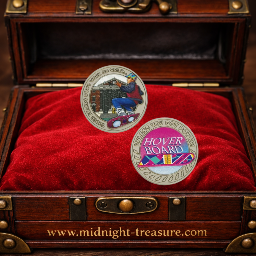 Pièce métal Retour vers le Futur hoverboard, édition limitée numérotée, Marty McFly devant la mairie de Hill Valley, collectible cinéma 38 mm.