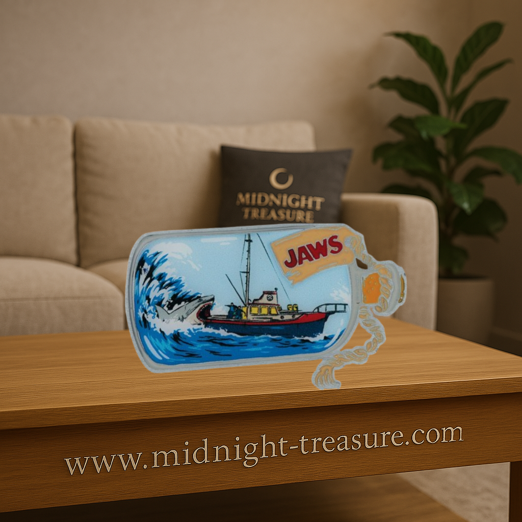 Pin's Les Dents de la Mer – Jaws 50th Anniversary – Ship in Bottle – Édition Limitée – Fanattik. Représente le bateau Orca attaqué par le requin blanc, dans un design "bateau dans une bouteille". Un pin’s collector parfait pour les fans de Spielberg.