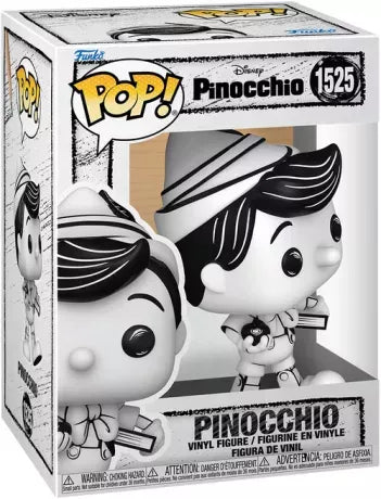 Funko Pop! Disney – Pinocchio (N°1525). Version esquisse noir et blanc avec livre et pomme. Figurine stylisée et artistique pour les fans Disney.