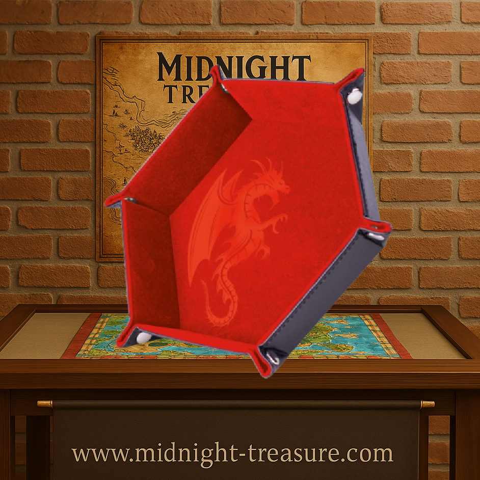 Piste de dés – Dragon Rouge – Hexagone 19 x 19 cm – Cuir & Velours. Design rouge flamboyant avec dragon stylisé. Idéal pour les jeux de rôle et parties immersives.