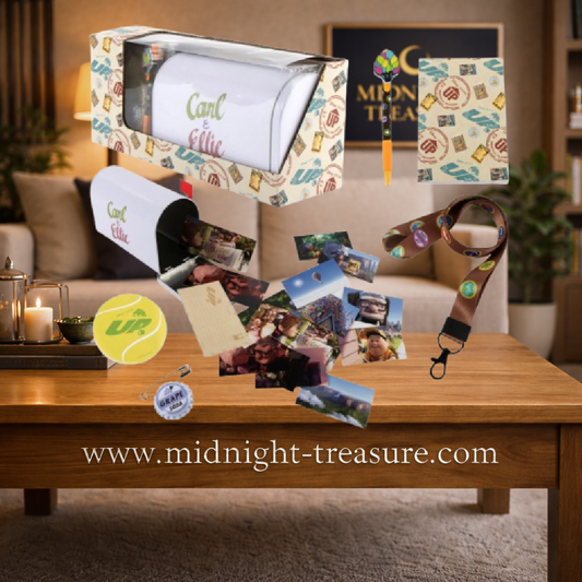 Set collector Disney Pixar Là-Haut avec coffret illustré, cahier, stylo ballons, cartes postales, notes repositionnables, épingle Grape Soda et lanière.