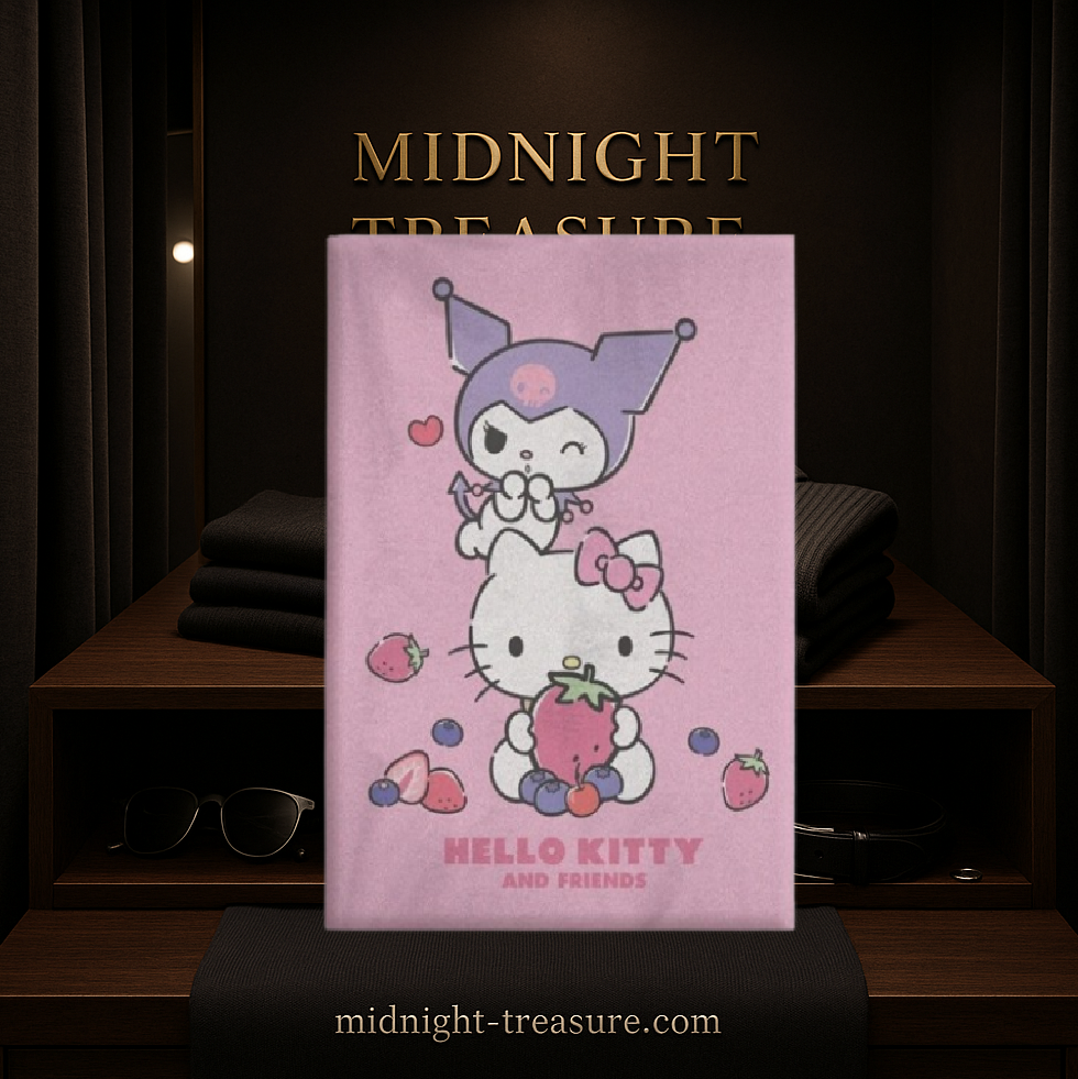 Plaid en polaire Hello Kitty & Friends – 100 x 140 cm. Illustration de Hello Kitty et Kuromi sur fond rose avec fruits, matière douce idéale pour cocooning et décoration.