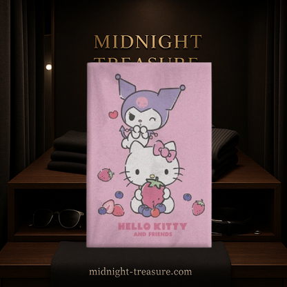 Plaid en polaire Hello Kitty & Friends – 100 x 140 cm. Illustration de Hello Kitty et Kuromi sur fond rose avec fruits, matière douce idéale pour cocooning et décoration.