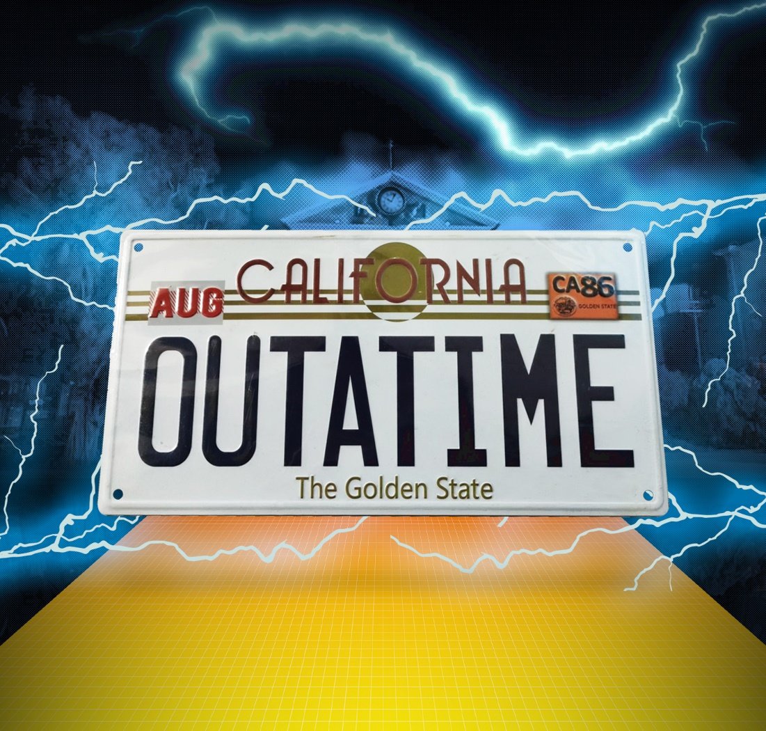 Plaque Retour vers le Futur – OUTATIME – Réplique officielle de la DeLorean. Plaque métallique décorative inspirée de la trilogie culte, parfaite pour les fans de science-fiction et de pop culture.