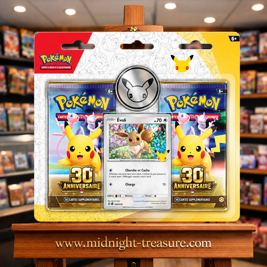 Blister Pokémon 30ème Anniversaire Évoli FR avec 2 boosters carte promo Évoli et jeton métallique