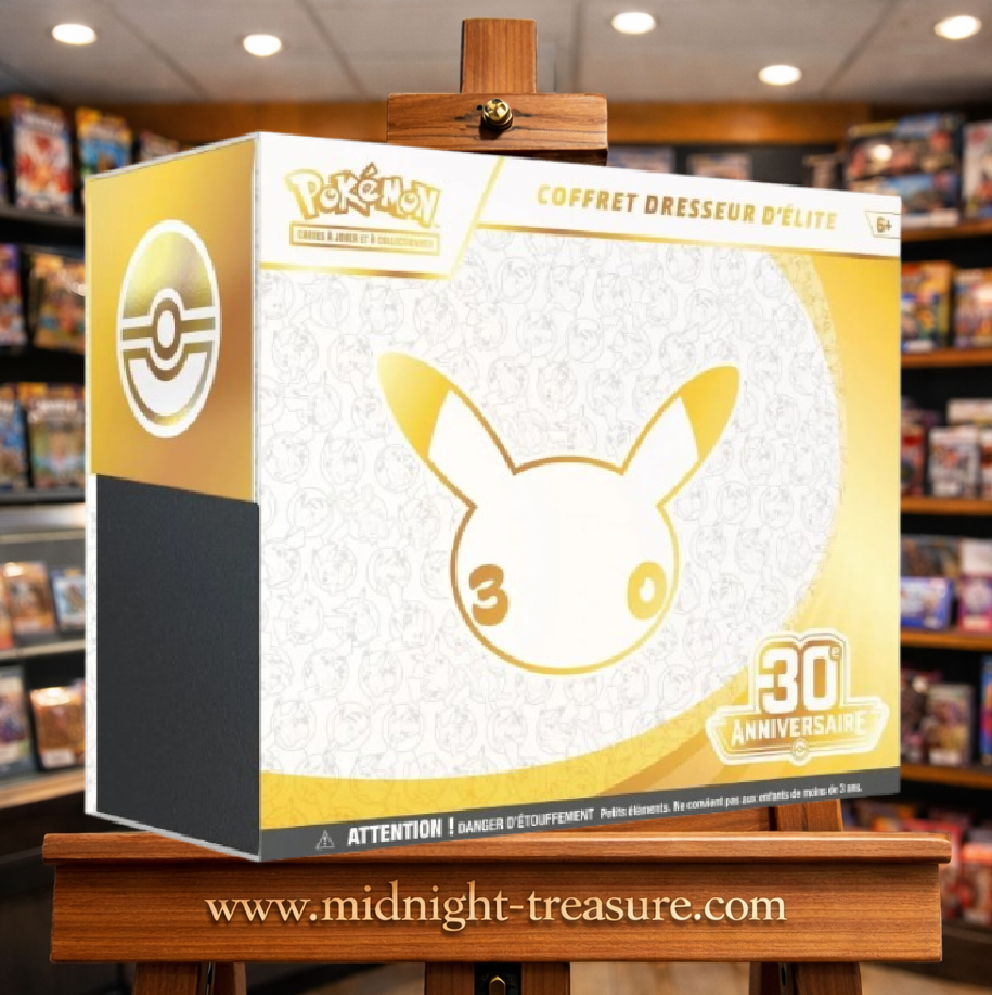 Coffret Dresseur d’Élite Pokémon 30ème Anniversaire ETB française blanche et dorée avec Pikachu