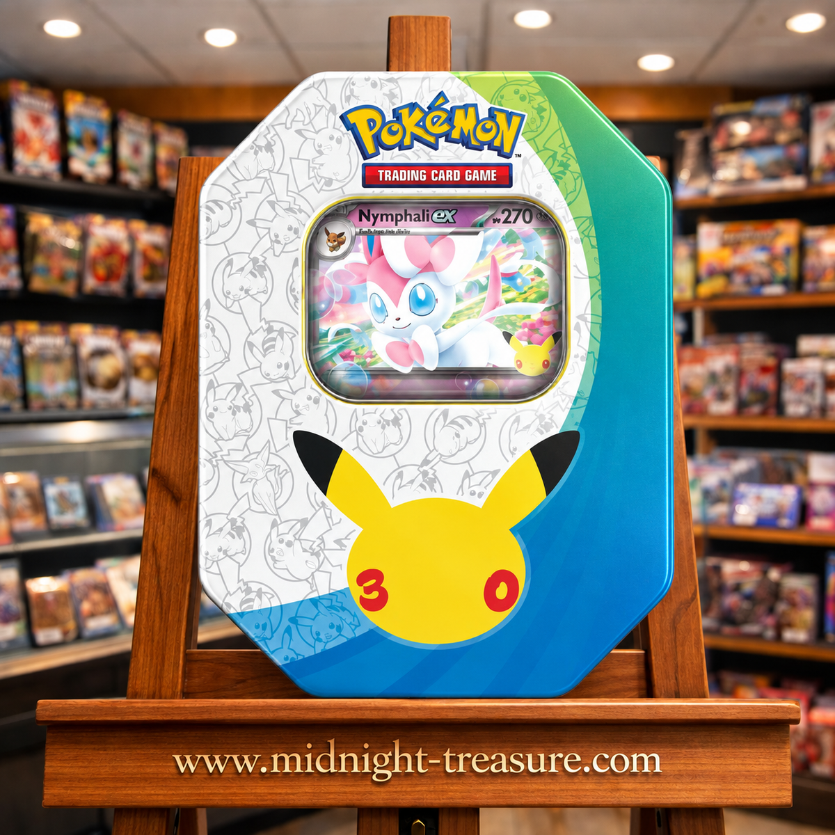 Tin Box Pokémon 30ème Anniversaire Nymphali-ex FR avec carte promo brillante et 4 boosters