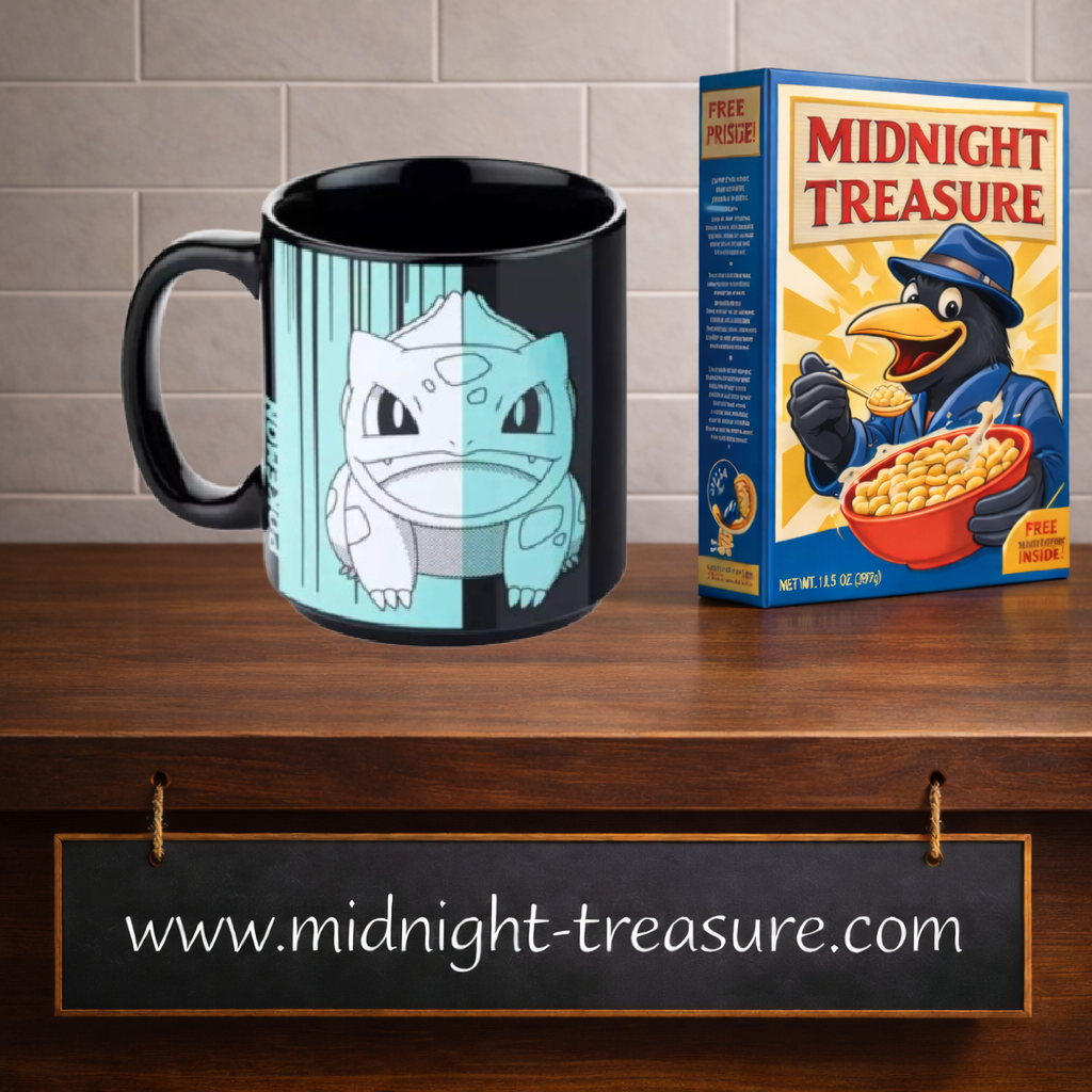 Mug Pokémon Bulbizarre noir 320 ml en porcelaine dure avec illustration graphique blanche et bleu turquoise du Pokémon n°001.