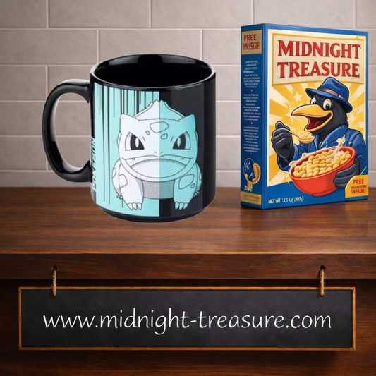 Mug Pokémon Bulbizarre noir 320 ml en porcelaine dure avec illustration graphique blanche et bleu turquoise du Pokémon n°001.