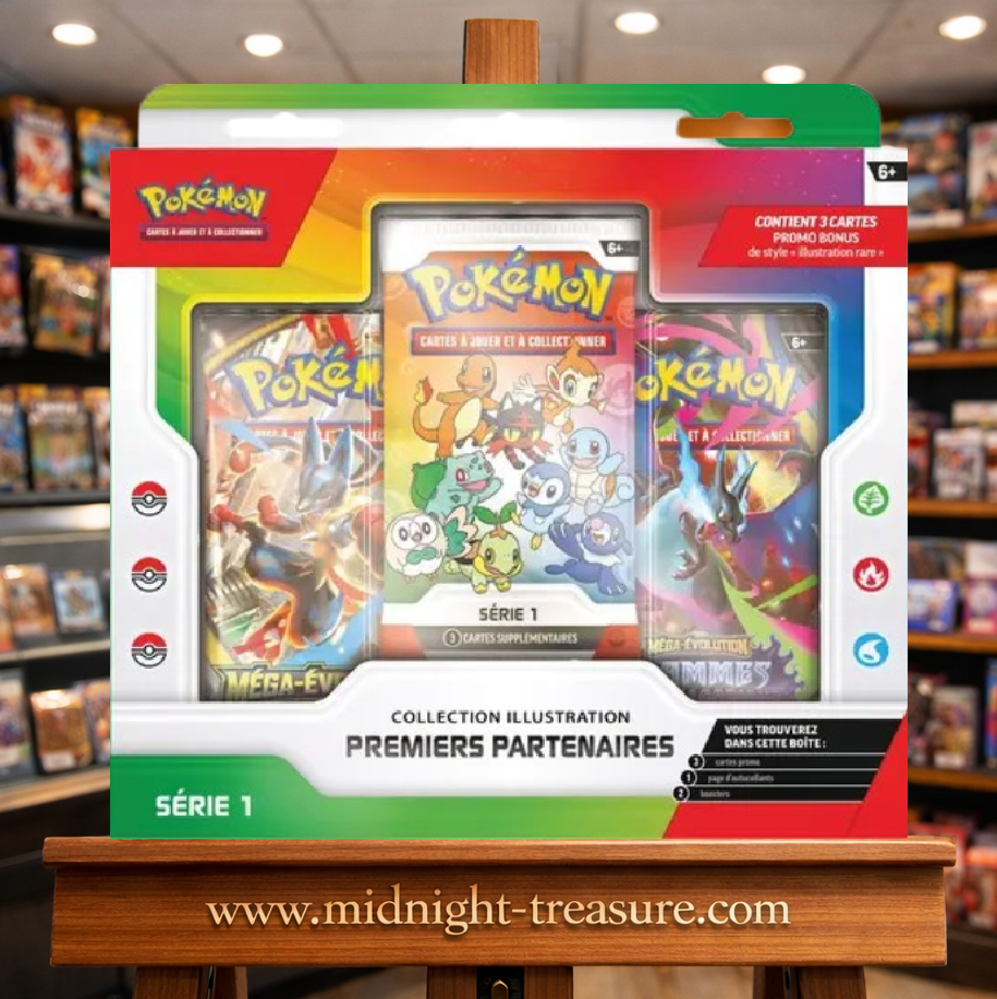 Coffret Pokémon Collection Illustration Premiers Partenaires Série 1 avec trois cartes promo Illustration Rare, deux boosters Pokémon et autocollants, édition 30 ans.