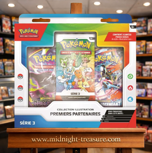 Coffret Pokémon Collection Illustration Premiers Partenaires Série 3 des 30 ans avec trois cartes promo Illustration Rare, deux boosters et autocollants.