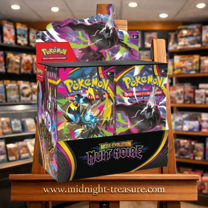 Display Pokémon Méga-Évolution Nuit Noire ME05 contenant 36 boosters français avec Méga-Darkrai et Méga-Zeraora.