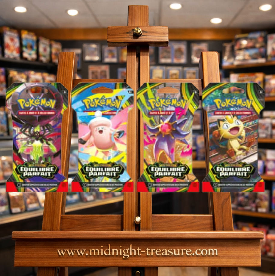 Blister officiel Pokémon JCC Méga-Évolution ME03 Équilibre Parfait contenant 1 booster de 10 cartes en français, avec différents artworks disponibles.