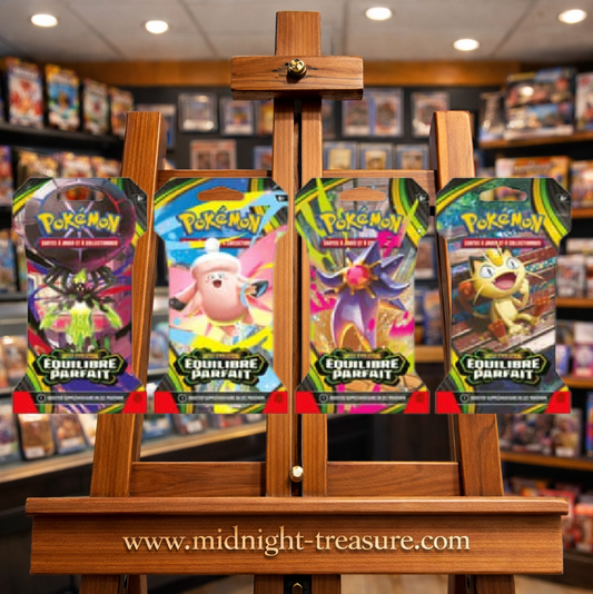 Blister officiel Pokémon JCC Méga-Évolution ME03 Équilibre Parfait contenant 1 booster de 10 cartes en français, avec différents artworks disponibles.