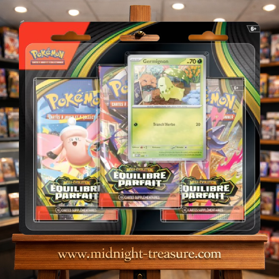 Tripack Pokémon JCC Méga-Évolution ME03 Équilibre Parfait français contenant 3 boosters et une carte promo brillante Germignon.