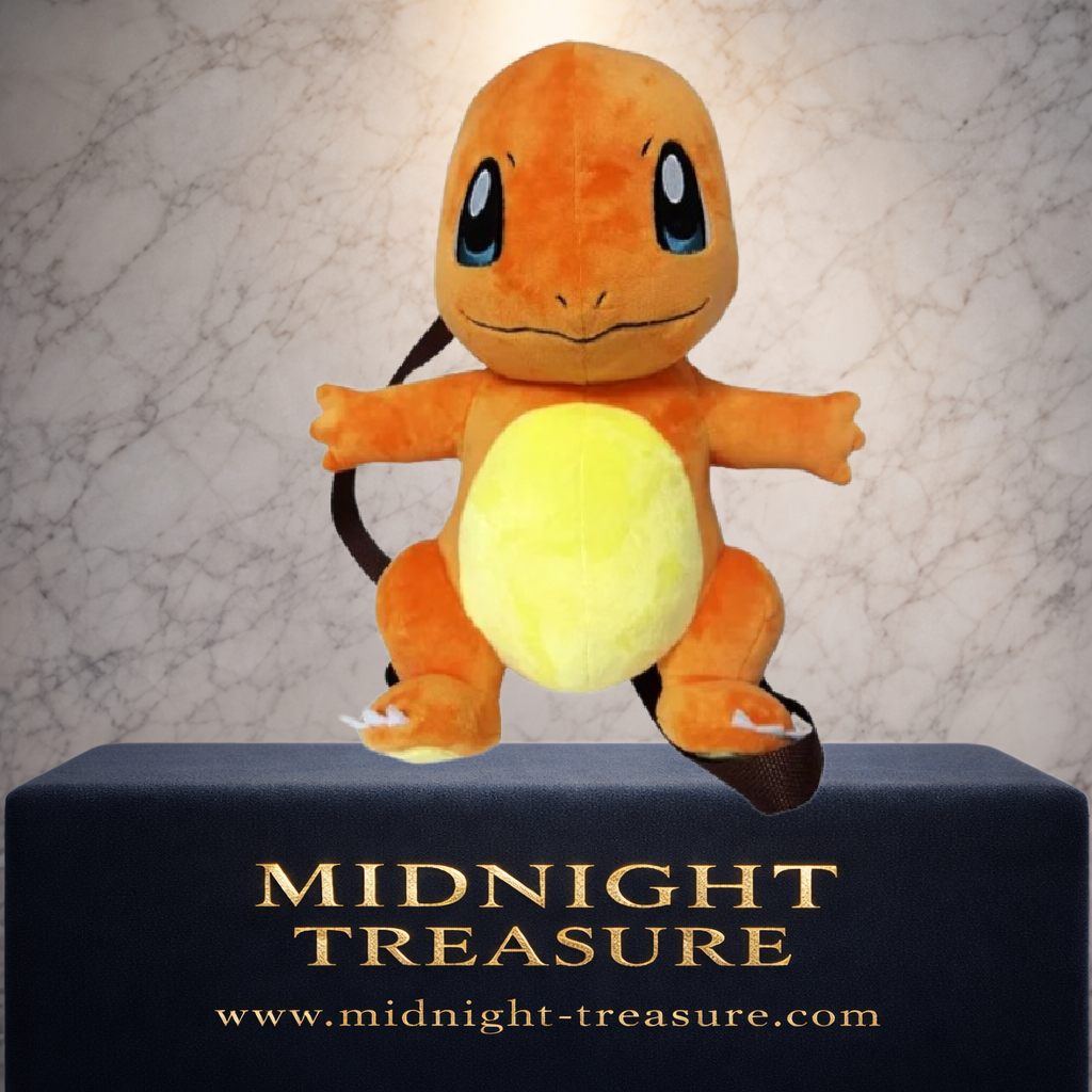 Sac à dos peluche Pokémon Salamèche 35 cm vu de dos avec bretelles réglables et queue enflammée