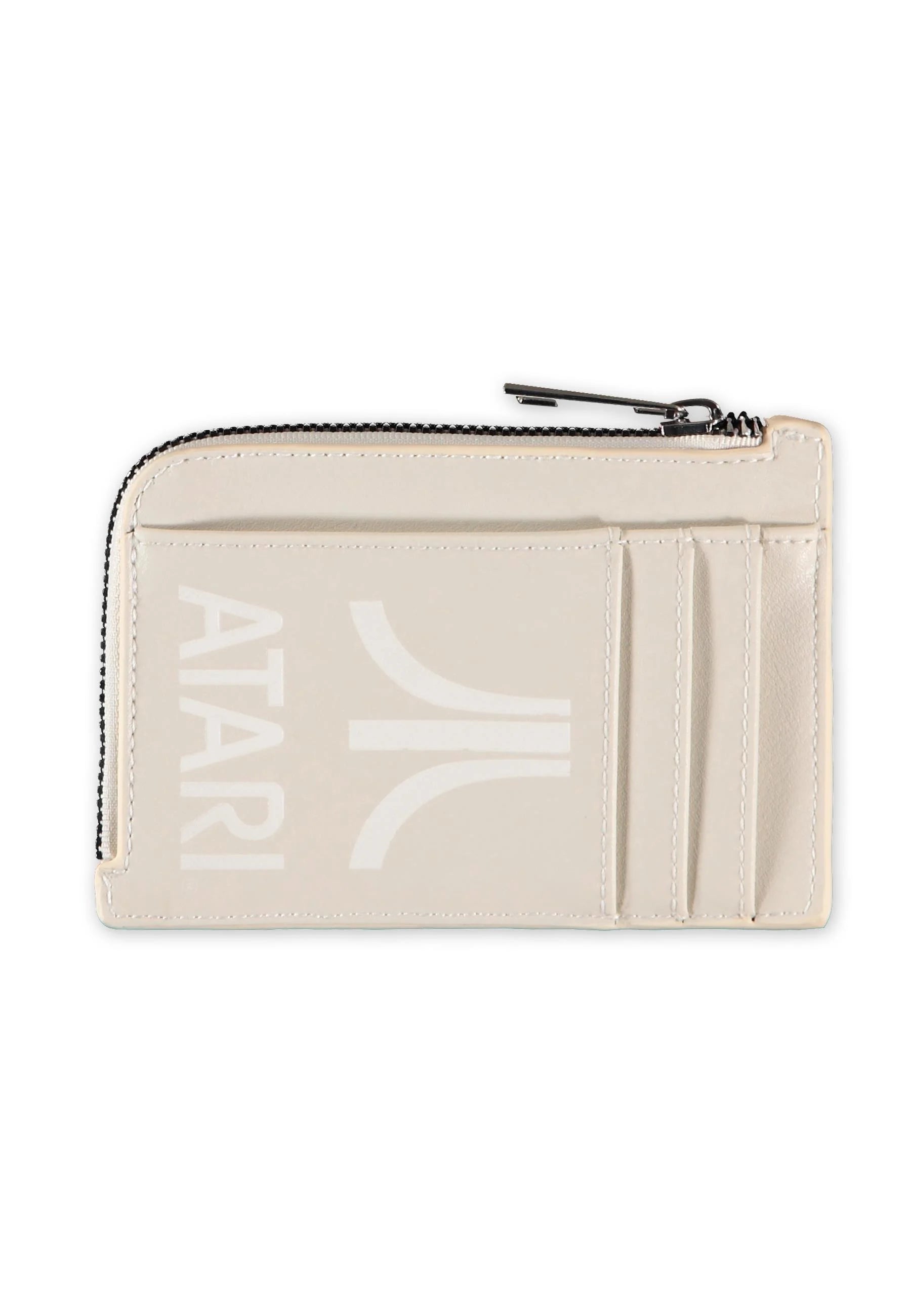 Porte-cartes Atari Vardity officiel. Portefeuille zippé blanc cassé et bleu marine avec logo Atari en relief, format compact et sécurisé pour cartes.