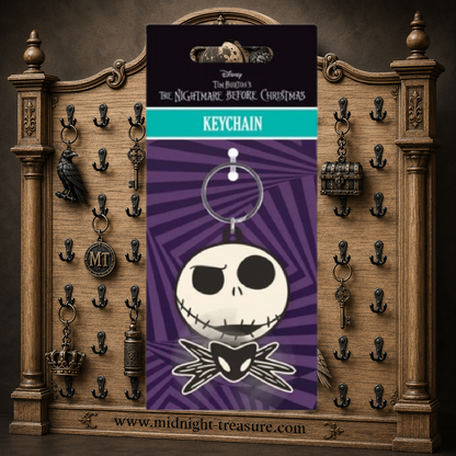 Porte-clés 3D Spinner Jack Skellington L'Étrange Noël de Monsieur Jack avec visage squelette et nœud papillon chauve-souris rotatif.