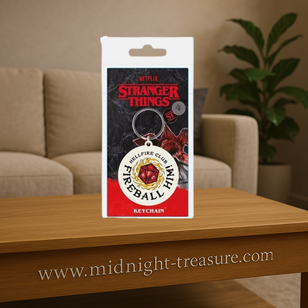 Porte-clés Stranger Things – Hellfire Club Fireball Him. Accessoire officiel en PVC avec anneau métallique, inspiré de la saison 4 et du club D&D d’Eddie Munson.