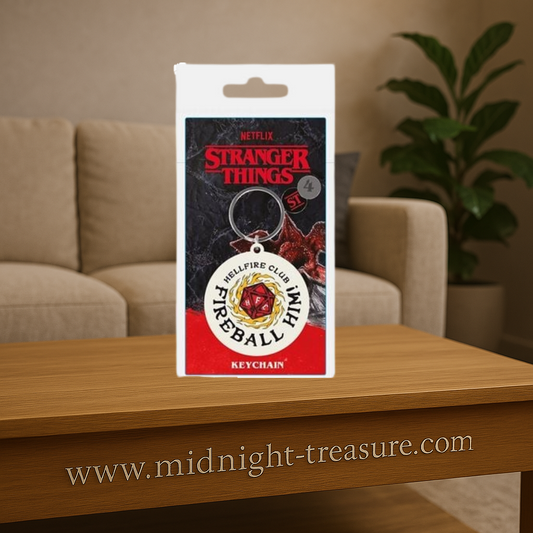 Porte-clés Stranger Things – Hellfire Club Fireball Him. Accessoire officiel en PVC avec anneau métallique, inspiré de la saison 4 et du club D&D d’Eddie Munson.