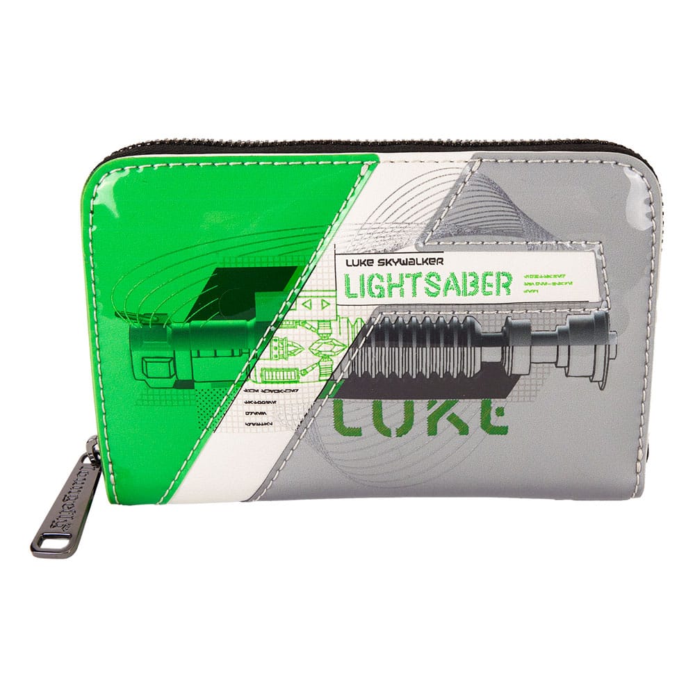 Porte-monnaie Loungefly Star Wars – The Power of the Force – Luke Skywalker Lightsaber. Design vert inspiré du sabre laser de Luke avec finitions en velours côtelé. Accessoire collector pour fans de Star Wars.