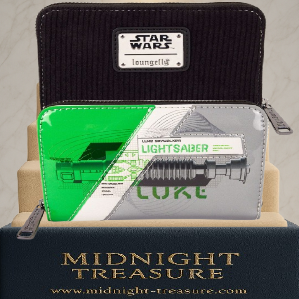 Porte-monnaie Loungefly Star Wars – The Power of the Force – Luke Skywalker Lightsaber. Design vert inspiré du sabre laser de Luke avec finitions en velours côtelé. Accessoire collector pour fans de Star Wars.