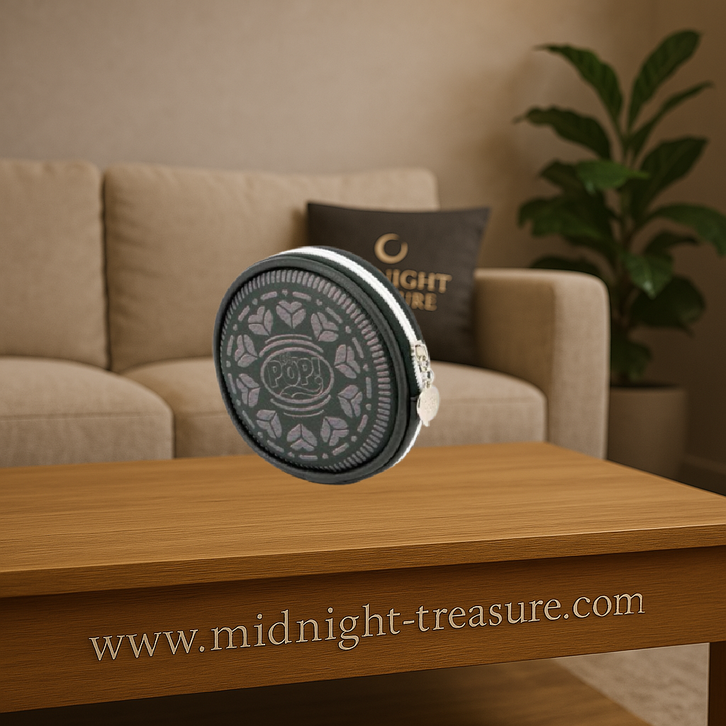 Porte-monnaie rond Oh My Pop! Black Cookie – 12 cm. Accessoire pop art noir avec motif graphique, fermeture zippée et format compact en polyester et PVC.