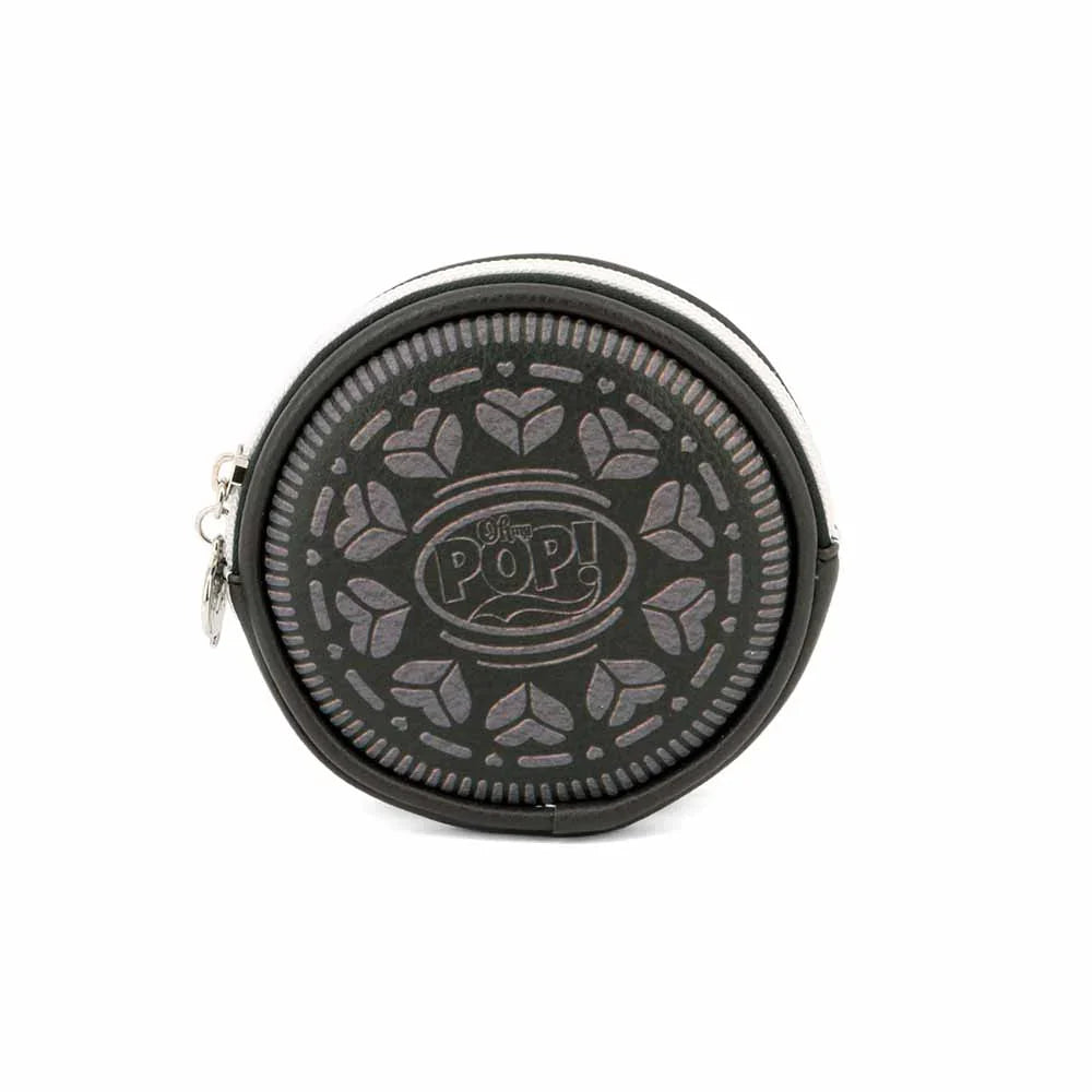 Porte-monnaie rond Oh My Pop! Black Cookie – 12 cm. Accessoire pop art noir avec motif graphique, fermeture zippée et format compact en polyester et PVC.
