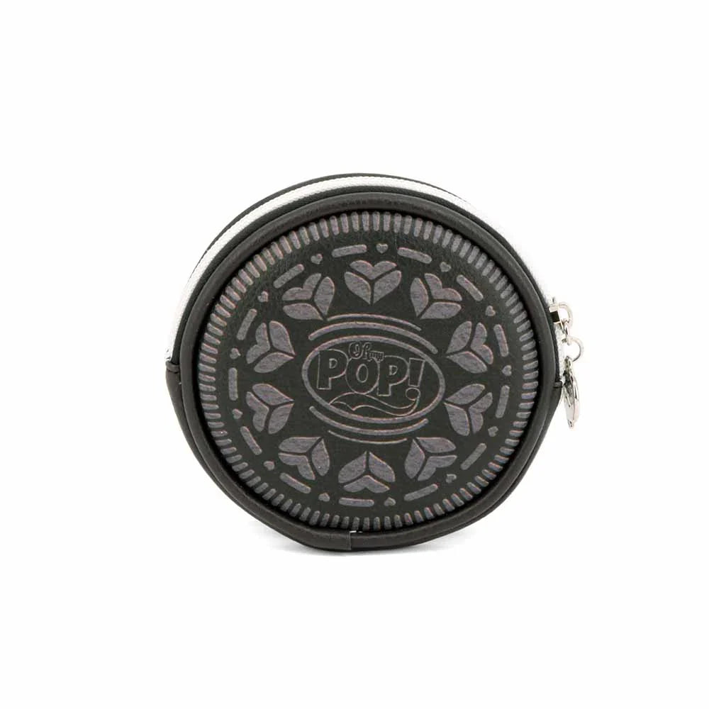 Porte-monnaie rond Oh My Pop! Black Cookie – 12 cm. Accessoire pop art noir avec motif graphique, fermeture zippée et format compact en polyester et PVC.