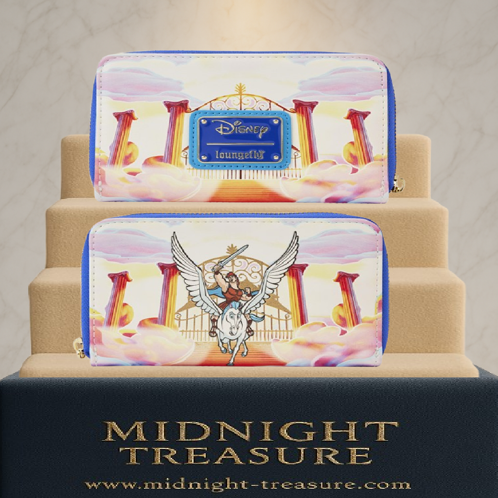 Portefeuille Loungefly – Disney – Hercule & Pégase – Olympe – 15 x 10 cm. Hercule chevauche Pégase devant le portail doré du Mont Olympe. Un portefeuille élégant pour les fans de mythologie et du film Disney.