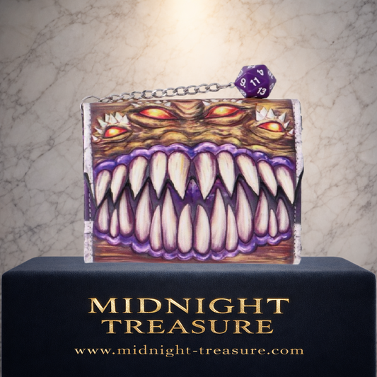 Portefeuille Donjons et Dragons Mimic officiel avec design coffre monstrueux à dents acérées, intérieur noir motif D&D violet et pendentif dé 20 faces.