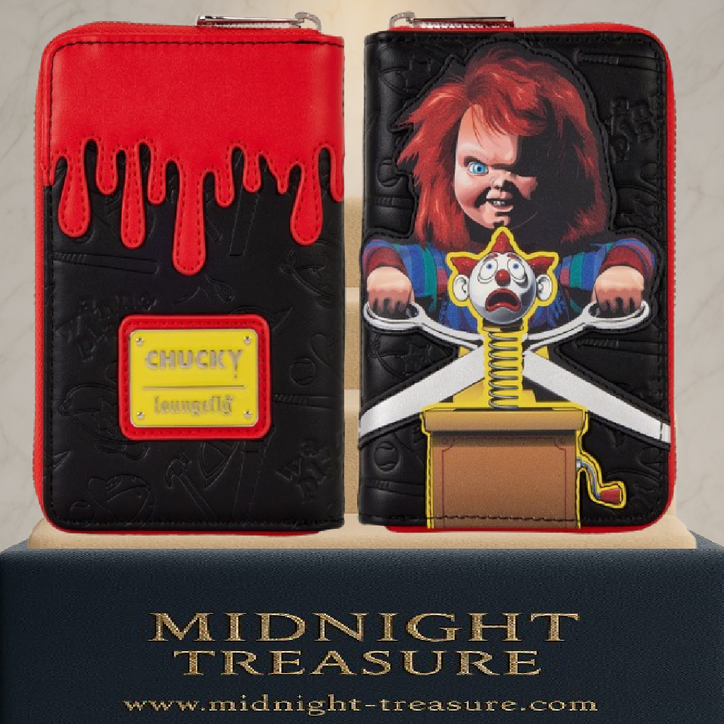 Portefeuille Loungefly – Chucky Jack In The Box – 15 x 10 cm. Portefeuille zippé en simili cuir noir et rouge, décoré de Chucky avec son Jack In The Box, intérieur coloré à motifs Good Guys.