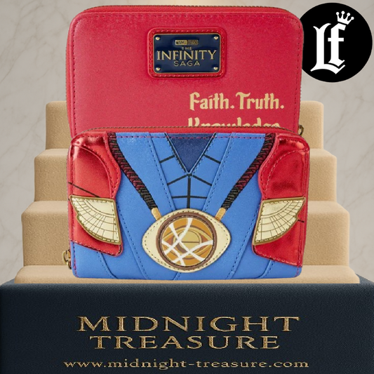 Portefeuille Loungefly Doctor Strange â Marvel Studios The Infinity Saga â 15 x 10 cm. Portefeuille officiel reproduisant le costume de Doctor Strange avec Ćil d'Agamotto en relief, dĂ©tails mĂ©tallisĂ©s, fermeture zippĂ©e et finitions premium Loungefly.