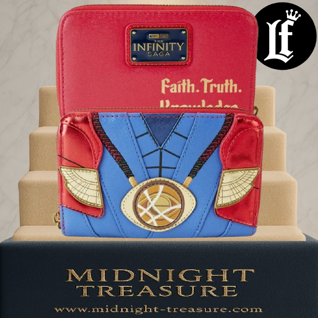 Portefeuille Loungefly Doctor Strange – Marvel Studios The Infinity Saga – 15 x 10 cm. Portefeuille officiel reproduisant le costume de Doctor Strange avec Œil d'Agamotto en relief, détails métallisés, fermeture zippée et finitions premium Loungefly.