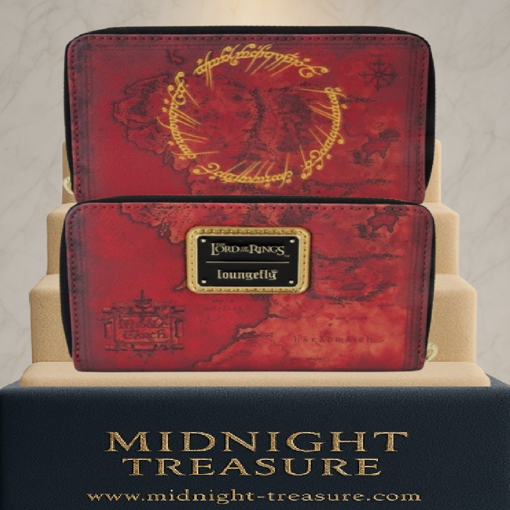 Portefeuille Le Seigneur des Anneaux – Loungefly – Anneau Unique & Carte Terre du Milieu – 15 x 10 cm. Un portefeuille collector au design mythique avec l'inscription elfique et la carte de la Terre du Milieu.