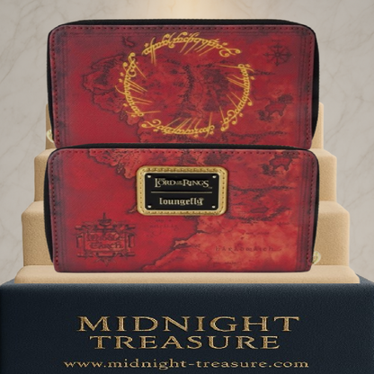 Portefeuille Le Seigneur des Anneaux – Loungefly – Anneau Unique & Carte Terre du Milieu – 15 x 10 cm. Un portefeuille collector au design mythique avec l'inscription elfique et la carte de la Terre du Milieu.