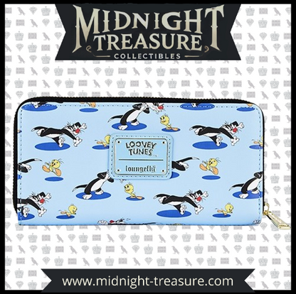 Portefeuille Loungefly Looney Tunes avec Titi et Grosminet en motif animé sur fond bleu. Produit sous licence officielle.