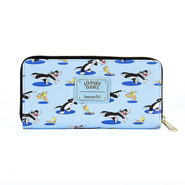 Portefeuille Loungefly Looney Tunes avec Titi et Grosminet en motif animé sur fond bleu. Produit sous licence officielle.