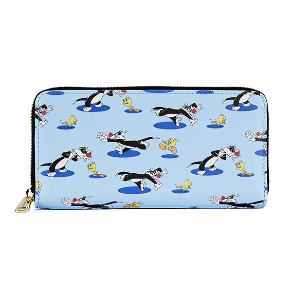 Portefeuille Loungefly Looney Tunes avec Titi et Grosminet en motif animé sur fond bleu. Produit sous licence officielle.