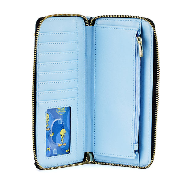 Portefeuille Loungefly Looney Tunes avec Titi et Grosminet en motif animé sur fond bleu. Produit sous licence officielle.