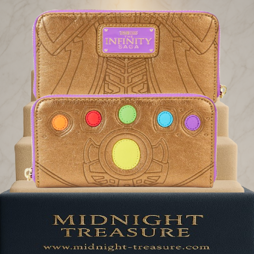 Portefeuille Loungefly – Marvel – Infinity Saga – Gant de l’Infini – 15 x 10 cm. Portefeuille doré avec les six pierres d’infinité brodées et plaque violette Marvel. Un accessoire collector pour les fans de super-héros.