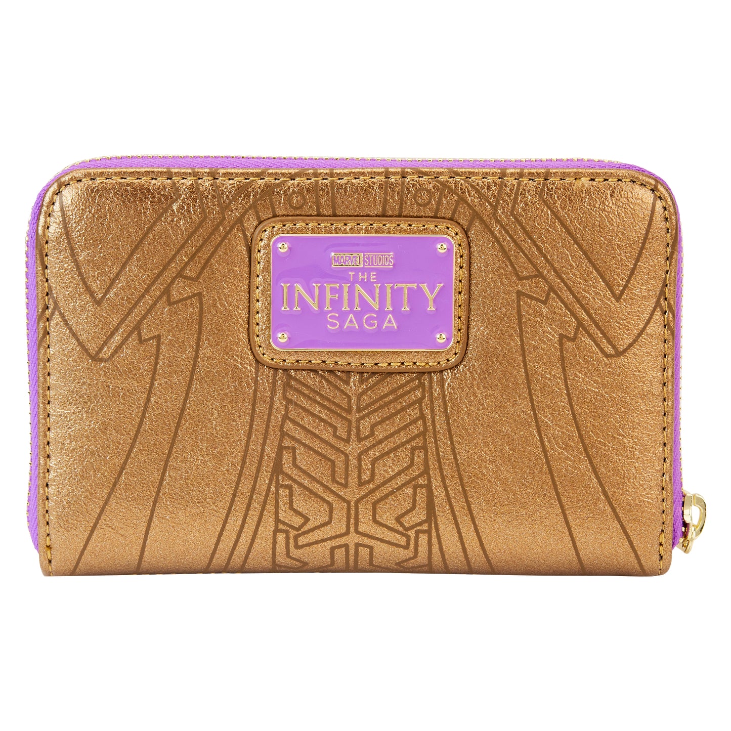 Portefeuille Loungefly – Marvel – Infinity Saga – Gant de l’Infini – 15 x 10 cm. Portefeuille doré avec les six pierres d’infinité brodées et plaque violette Marvel. Un accessoire collector pour les fans de super-héros.