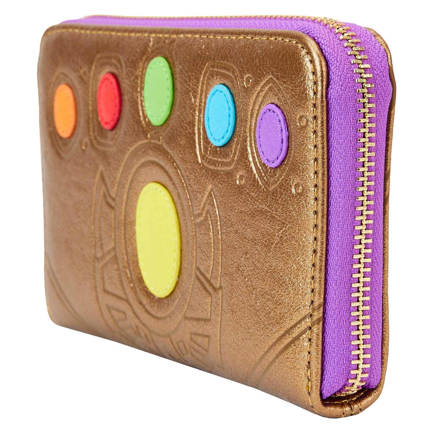 Portefeuille Loungefly – Marvel – Infinity Saga – Gant de l’Infini – 15 x 10 cm. Portefeuille doré avec les six pierres d’infinité brodées et plaque violette Marvel. Un accessoire collector pour les fans de super-héros.
