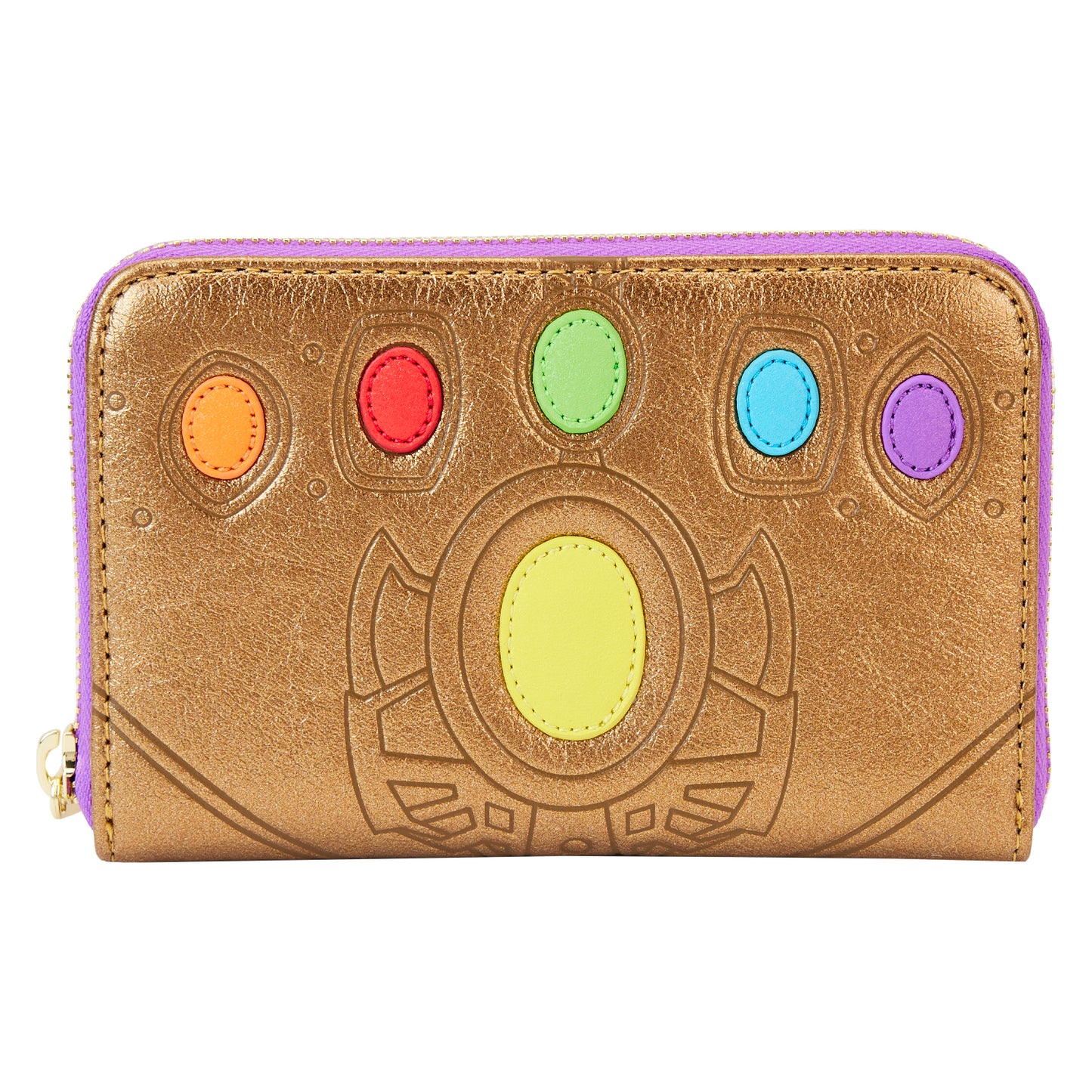 Portefeuille Loungefly – Marvel – Infinity Saga – Gant de l’Infini – 15 x 10 cm. Portefeuille doré avec les six pierres d’infinité brodées et plaque violette Marvel. Un accessoire collector pour les fans de super-héros.